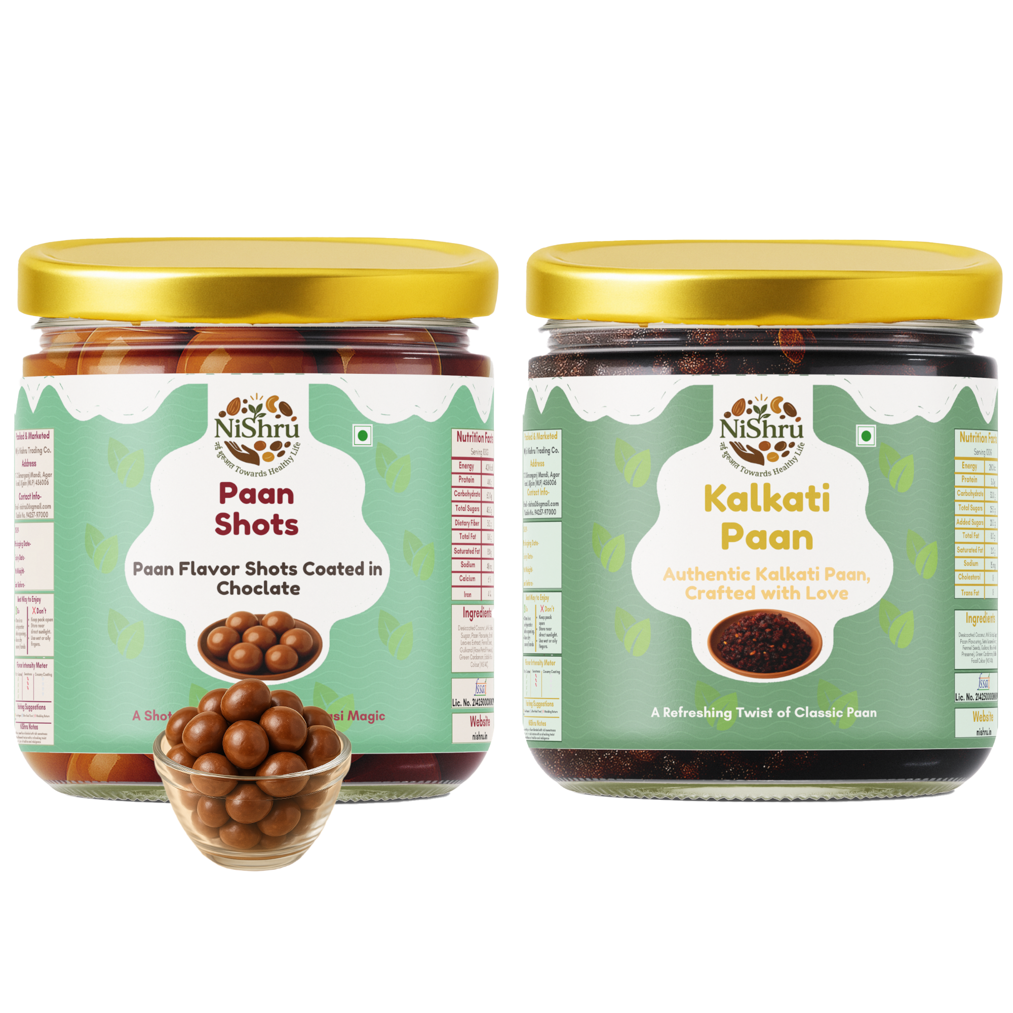 NISHRU Paan Shots & Kalkati Paan Combo | Authentic Betel Leaf Mouth Freshener with Gulkand, Fennel & Rose Essence | Sweet & Refreshing Mukhwas Digestive After-Meal Treat | Festive Gift Pack (2 x 150g)