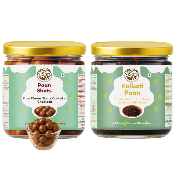 NISHRU Paan Shots & Kalkati Paan Combo | Authentic Betel Leaf Mouth Freshener with Gulkand, Fennel & Rose Essence | Sweet & Refreshing Mukhwas Digestive After-Meal Treat | Festive Gift Pack (2 x 150g)
                  loading=