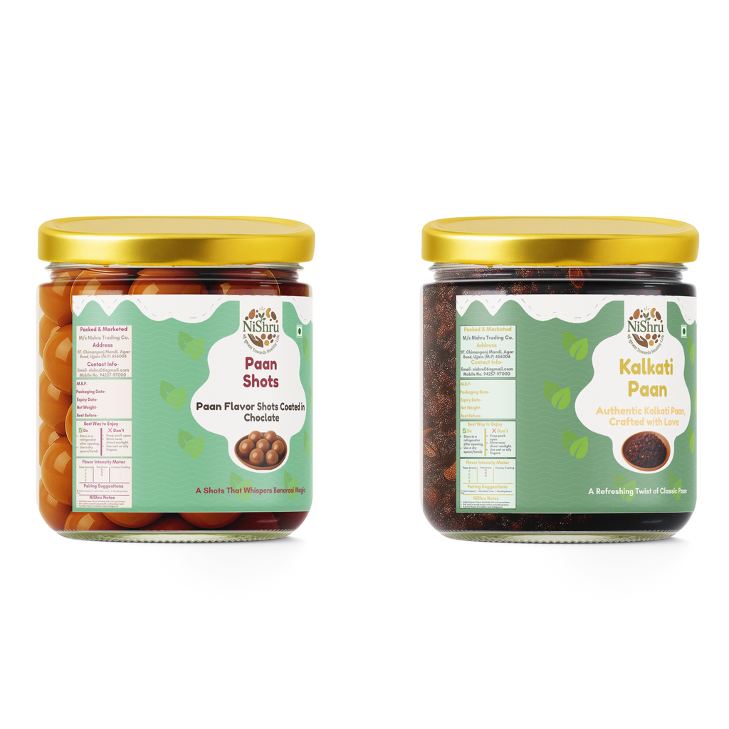 NISHRU Paan Shots & Kalkati Paan Combo | Authentic Betel Leaf Mouth Freshener with Gulkand, Fennel & Rose Essence | Sweet & Refreshing Mukhwas Digestive After-Meal Treat | Festive Gift Pack (2 x 150g)