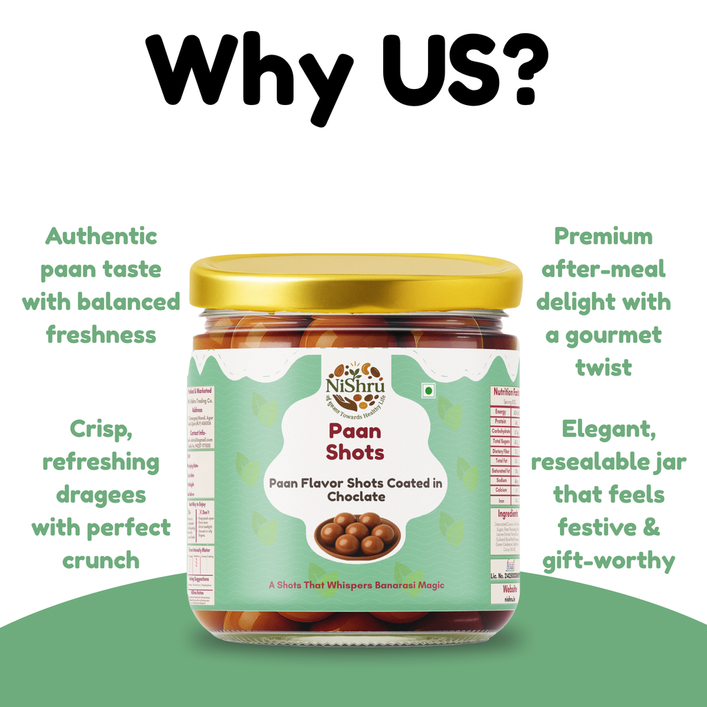 Nishru Coconut Ladoo & Paan Shots Combo | Chocolate Coated Coconut Laddu Mithai & Instant Paan Mouth Freshener | Sweet & Refreshing Indian Sweets & Mukhwas Gift Pack (2 x 150g)