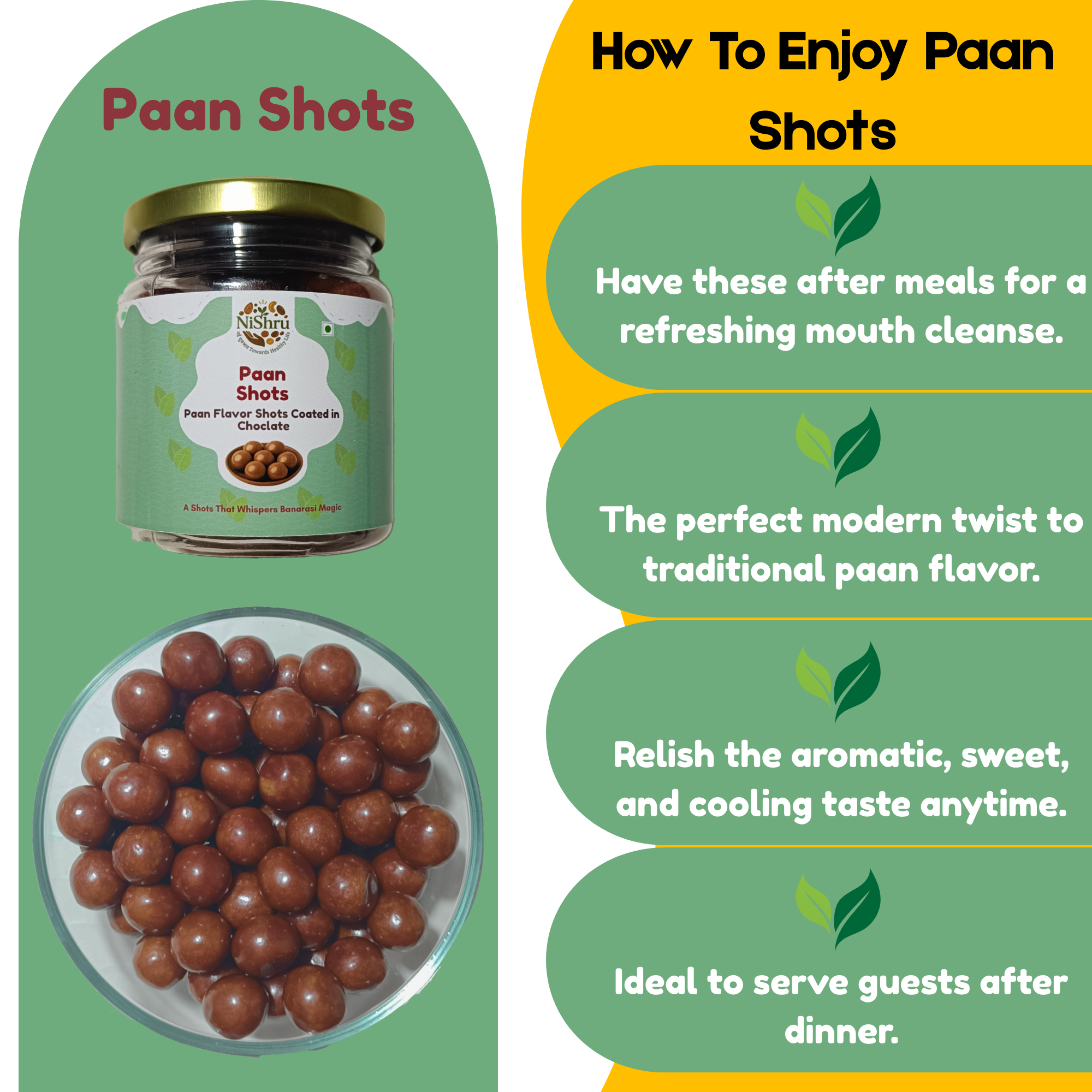 Nishru Coconut Ladoo & Paan Shots Combo | Chocolate Coated Coconut Laddu Mithai & Instant Paan Mouth Freshener | Sweet & Refreshing Indian Sweets & Mukhwas Gift Pack (2 x 150g)