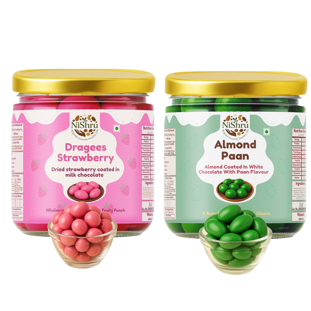 NISHRU Strawberry Dragees & Almond Paan | Chocolate Almond Fusion | Sweet & Refreshing Gifting Combo Pack | Festive Treat & Soulful Snacking | (2 x 150 Gram)