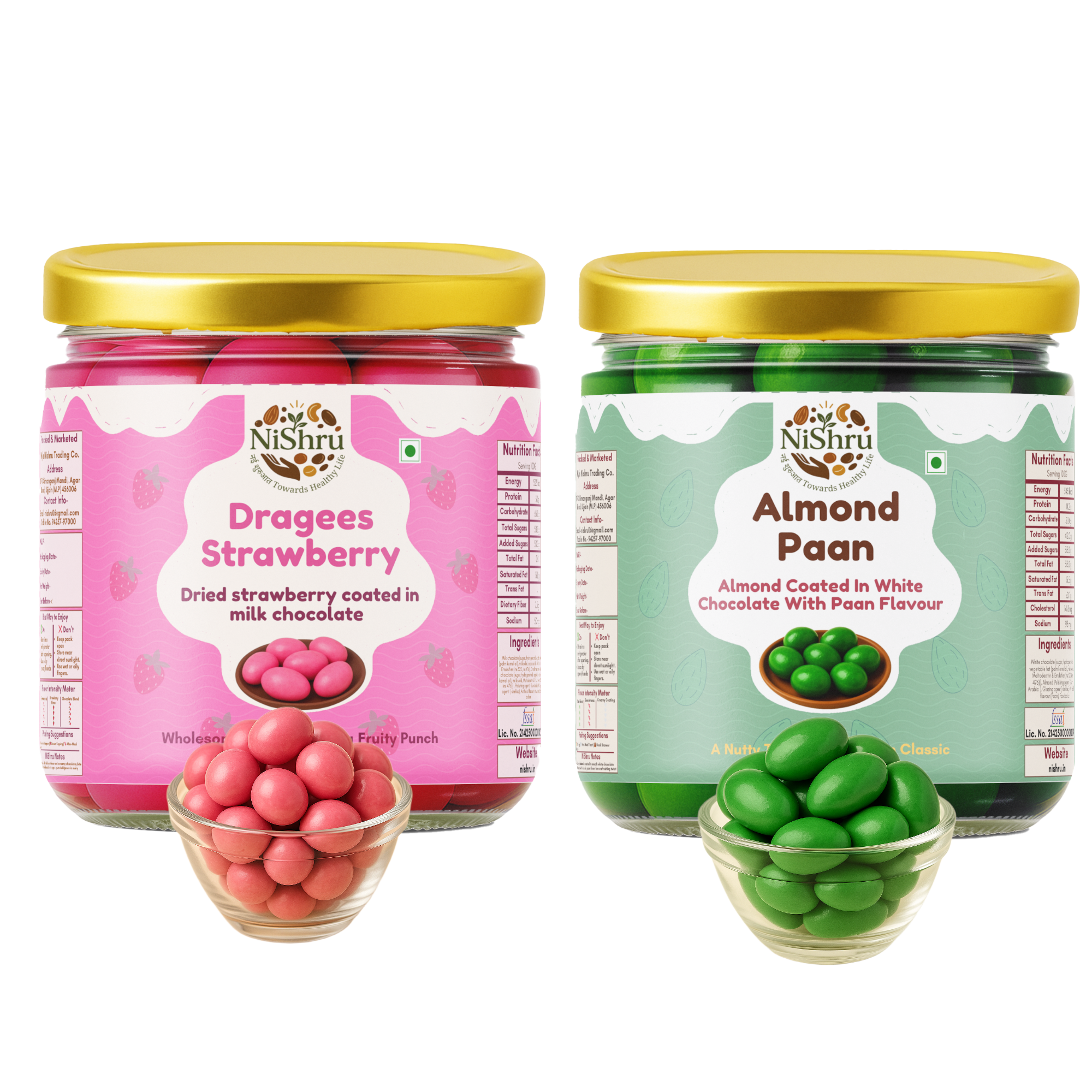 NISHRU Strawberry Dragees & Almond Paan | Chocolate Almond Fusion | Sweet & Refreshing Gifting Combo Pack | Festive Treat & Soulful Snacking | (2 x 150 Gram)