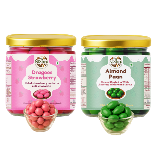NISHRU Strawberry Dragees & Almond Paan | Chocolate Almond Fusion | Sweet & Refreshing Gifting Combo Pack | Festive Treat & Soulful Snacking | (2 x 150 Gram)
                  loading=