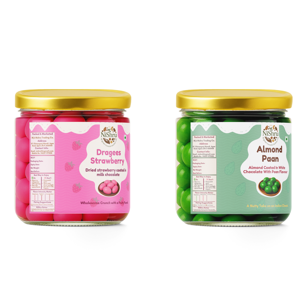 NISHRU Strawberry Dragees & Almond Paan | Chocolate Almond Fusion | Sweet & Refreshing Gifting Combo Pack | Festive Treat & Soulful Snacking | (2 x 150 Gram)