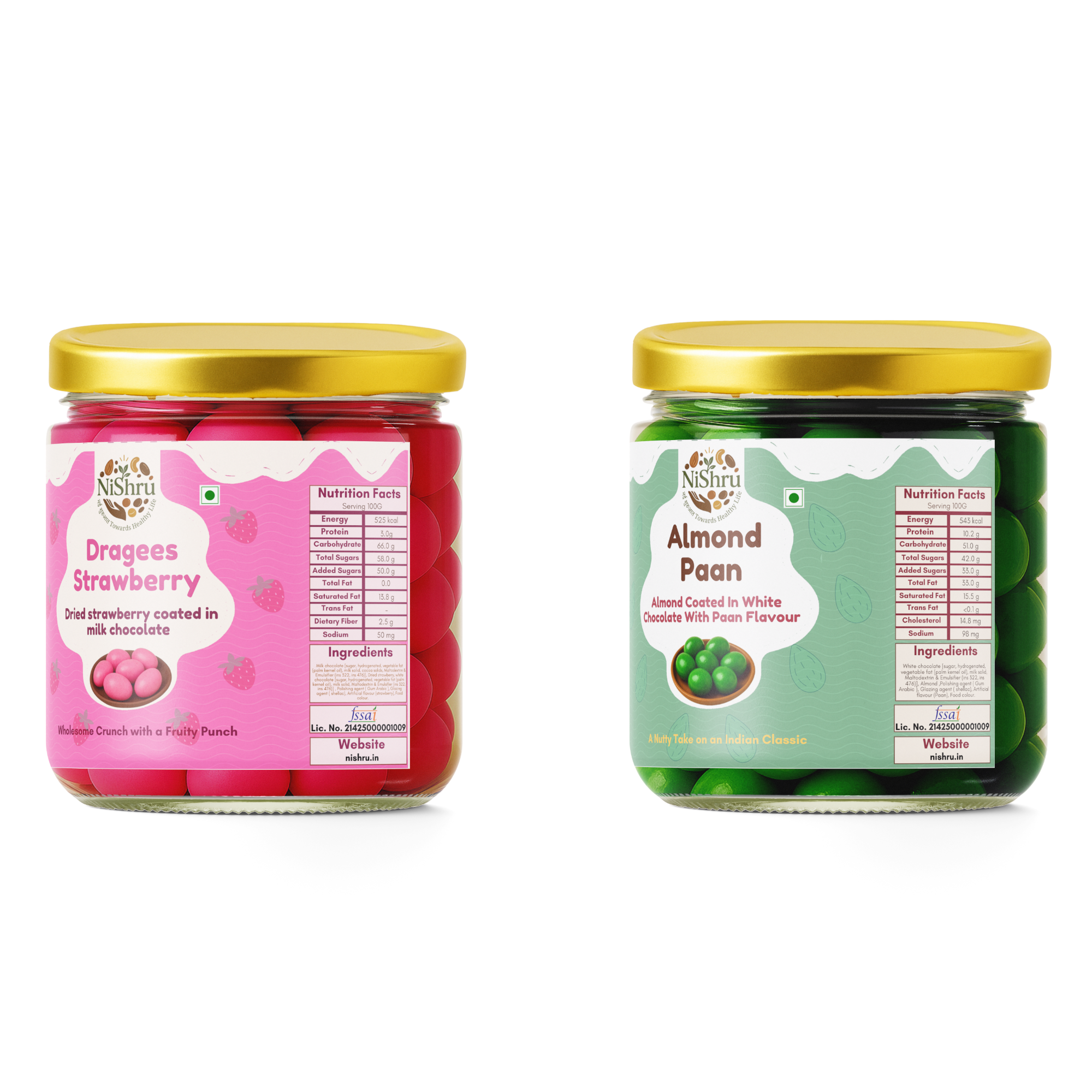NISHRU Strawberry Dragees & Almond Paan | Chocolate Almond Fusion | Sweet & Refreshing Gifting Combo Pack | Festive Treat & Soulful Snacking | (2 x 150 Gram)